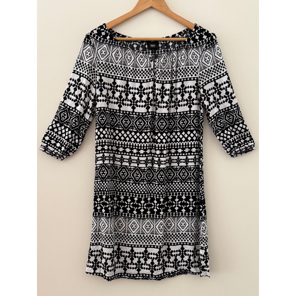 Mossimo Black White Tribal Geometric Shift Dress 3/4 Sleeve Boho Small - Picture 3 of 9